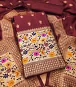 Maroon soft banarasi silk pure zari woven design dress material