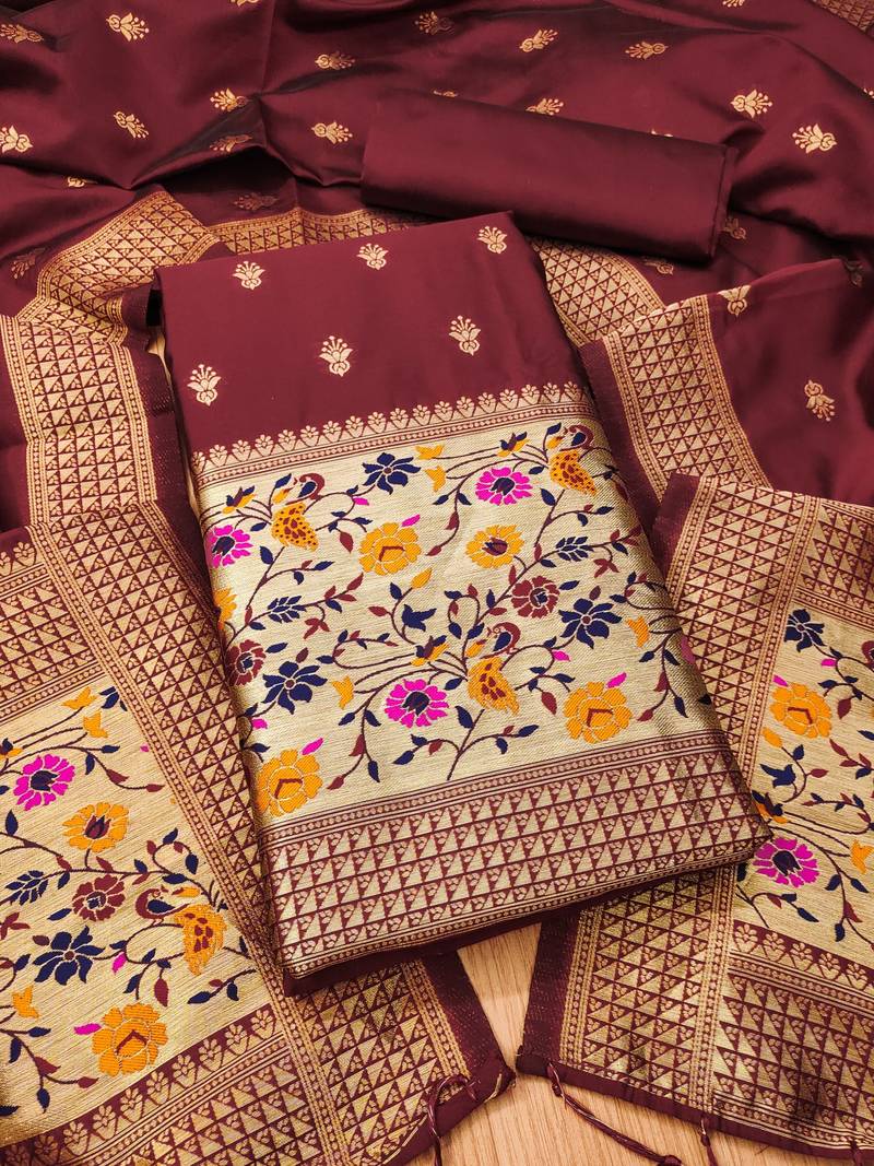 Maroon soft banarasi silk pure zari woven design dress material