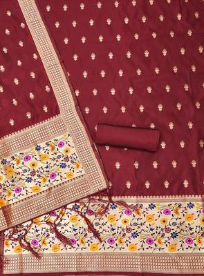 Maroon soft silk blend silk pure zari woven dress material 4