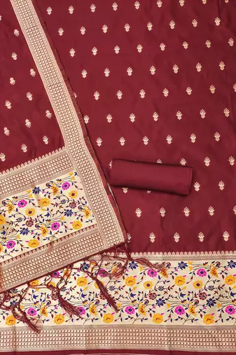 Maroon soft silk blend silk pure zari woven dress material