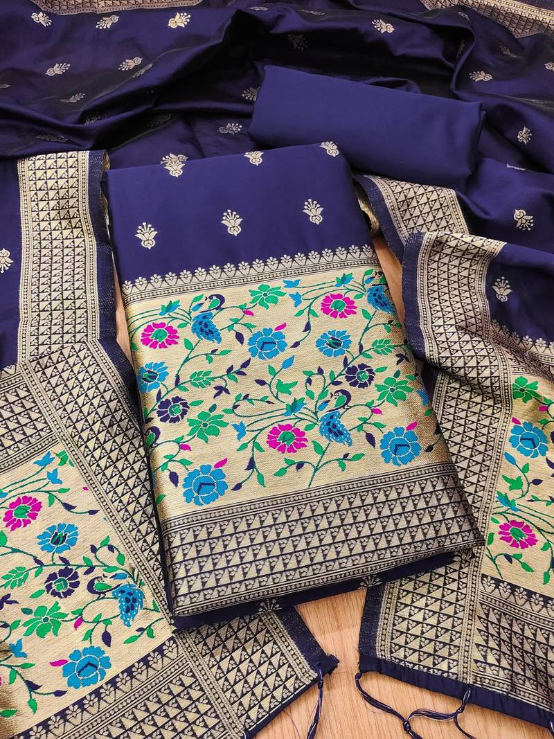 Navy blue soft banarasi silk pure zari woven design dress material