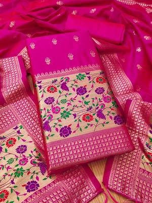 Pink soft silk blend silk pure zari woven dress material 1