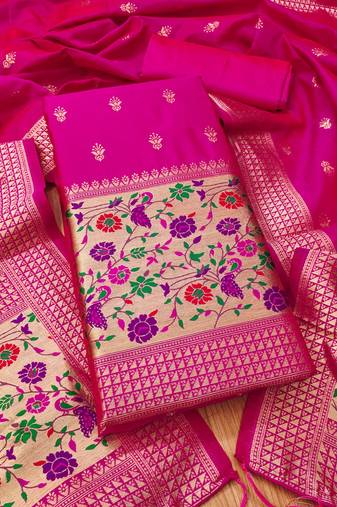 Pink soft banarasi silk pure zari woven design dress material