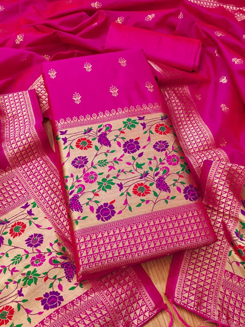 Pink soft banarasi silk pure zari woven design dress material