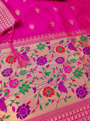 Pink soft silk blend silk pure zari woven dress material 2