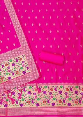Pink soft silk blend silk pure zari woven dress material 4