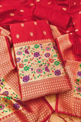 Red soft banarasi silk pure zari woven design dress material