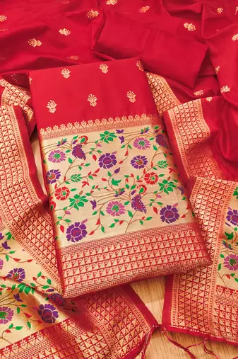 Red soft banarasi silk pure zari woven design dress material
