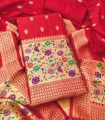 Red soft banarasi silk pure zari woven design dress material