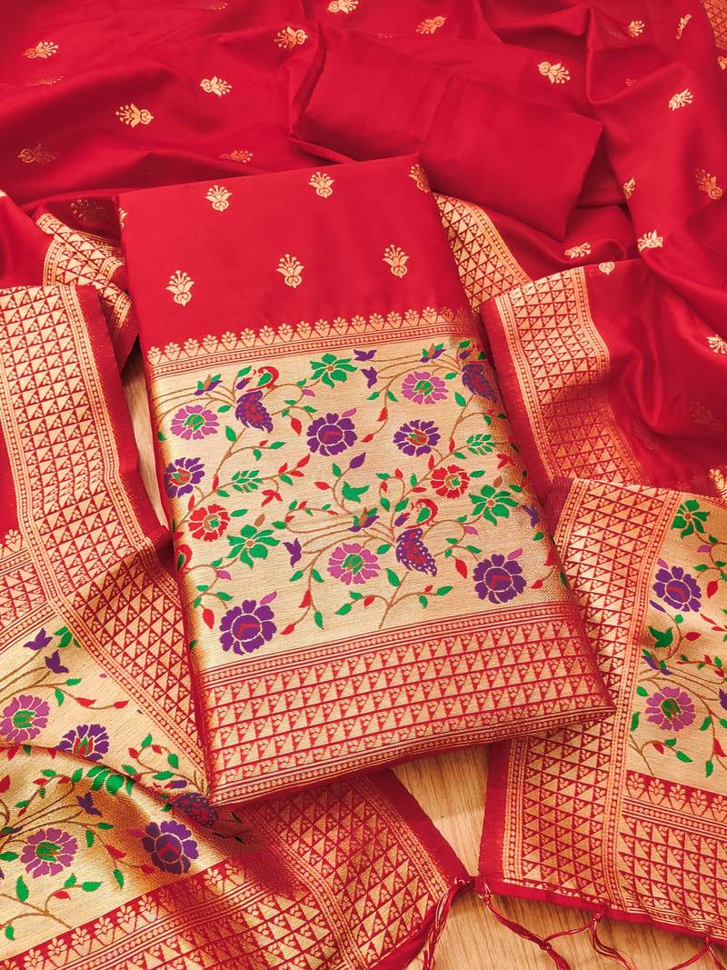 Red soft banarasi silk pure zari woven design dress material