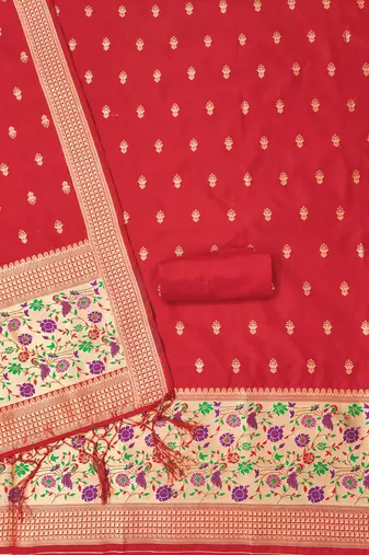 Red soft silk blend silk pure zari woven dress material