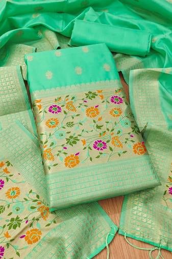 Sea green soft banarasi silk pure zari woven design dress material