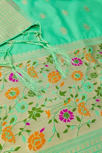 Sea green soft silk blend silk pure zari woven dress material