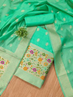 Sea green soft silk blend silk pure zari woven dress material 3