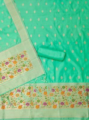Sea green soft silk blend silk pure zari woven dress material 4