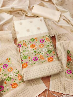 White soft silk blend silk pure zari woven dress material 1