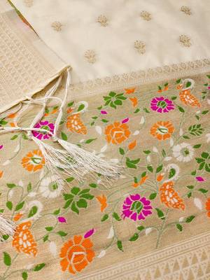 White soft silk blend silk pure zari woven dress material 2
