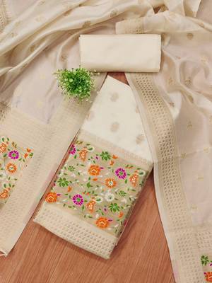 White soft silk blend silk pure zari woven dress material 3