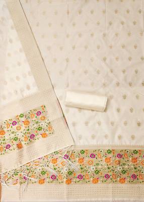 White soft silk blend silk pure zari woven dress material 4