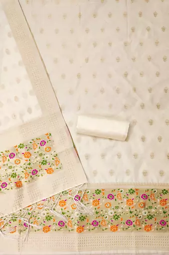 White soft silk blend silk pure zari woven dress material