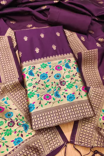 Wine soft banarasi silk pure zari woven design dress material