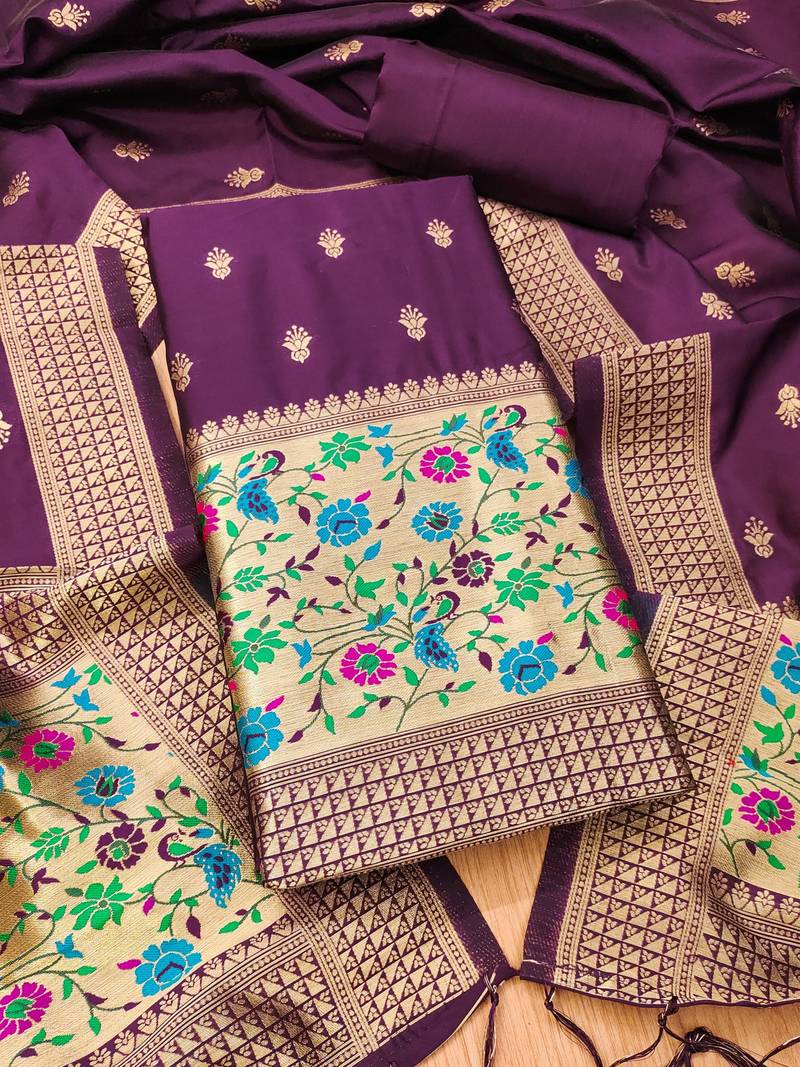 Wine soft banarasi silk pure zari woven design dress material