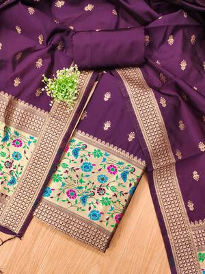Wine soft silk blend silk pure zari woven dress material 3