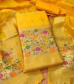 Yellow soft banarasi silk pure zari woven design dress material