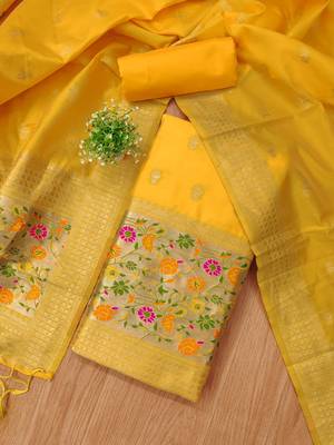 Yellow soft silk blend silk pure zari woven dress material 3