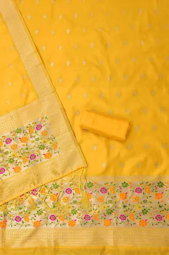 Yellow soft silk blend silk pure zari woven dress material