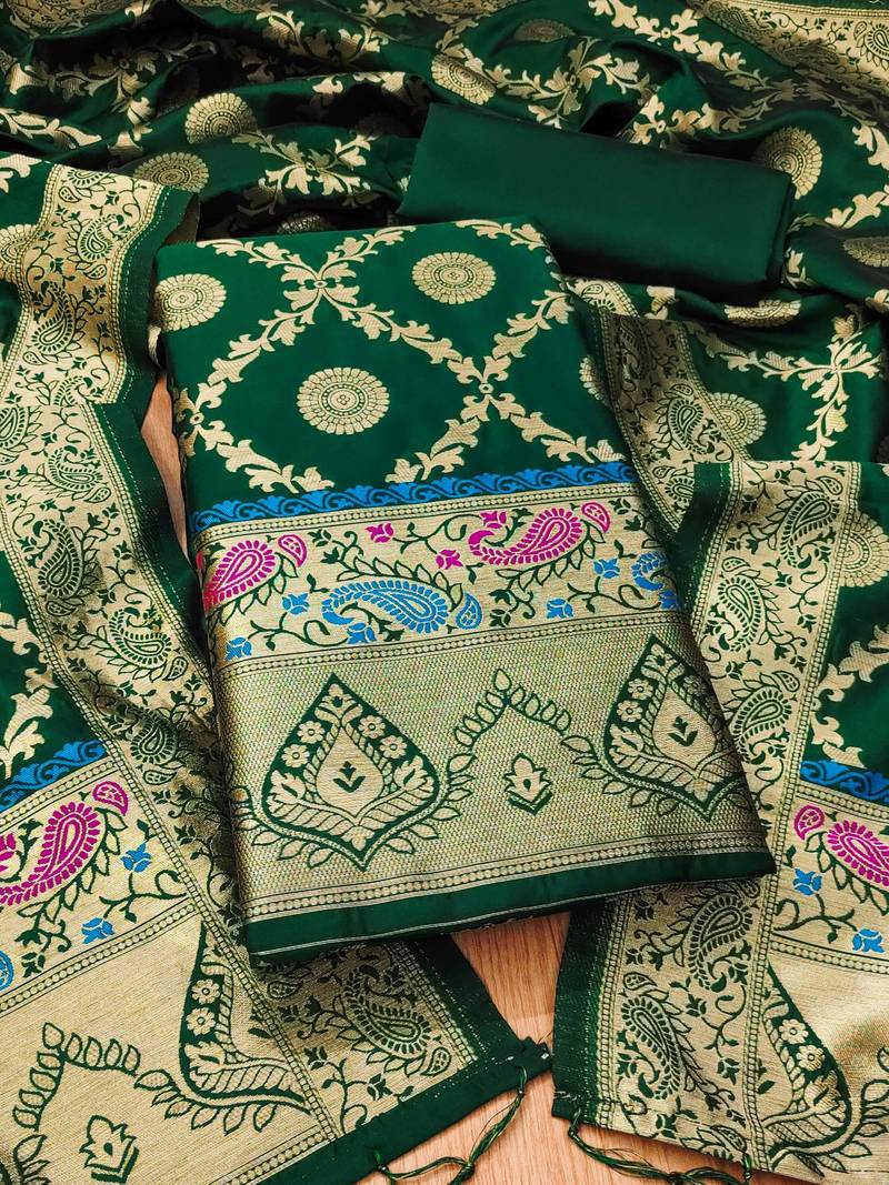 Bottle green soft banarasi silk pure zari woven design dress material