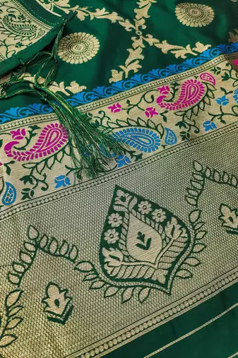 Bottle green soft silk blend silk pure zari woven dress material