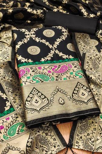Black soft banarasi silk pure zari woven design dress material