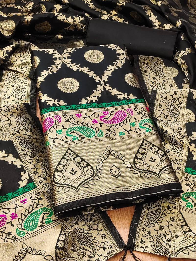 Black soft banarasi silk pure zari woven design dress material