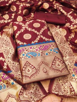 Maroon soft silk blend silk pure zari woven dress material 1