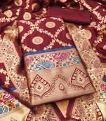 Maroon soft banarasi silk pure zari woven design dress material
