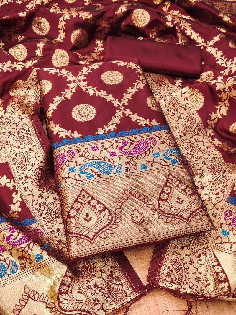 Maroon soft banarasi silk pure zari woven design dress material