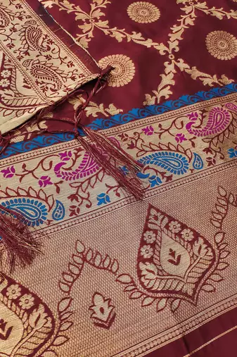 Maroon soft silk blend silk pure zari woven dress material