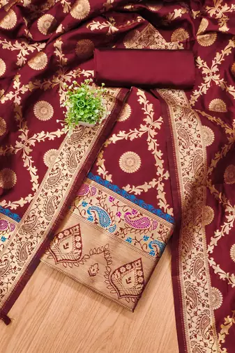 Maroon soft silk blend silk pure zari woven dress material