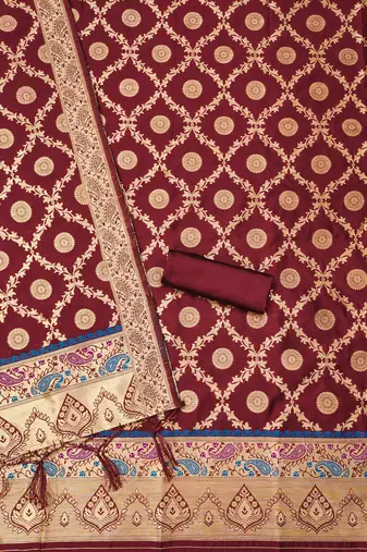 Maroon soft silk blend silk pure zari woven dress material