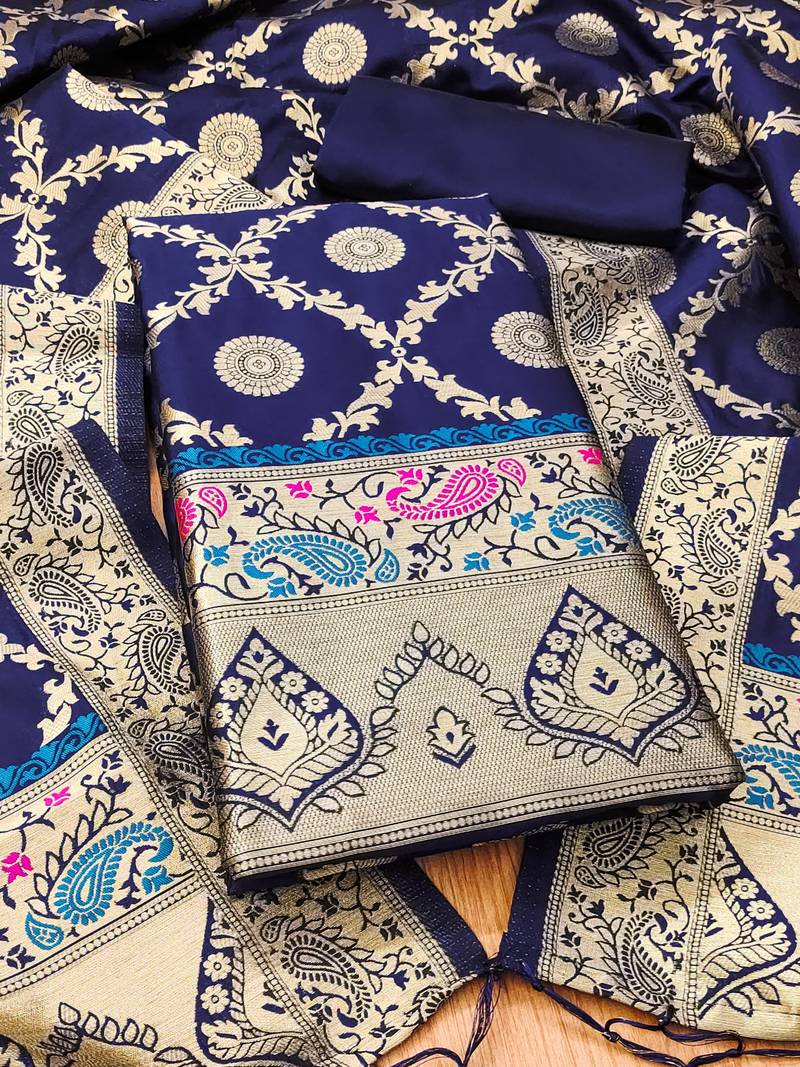 Navy blue soft banarasi silk pure zari woven design dress material