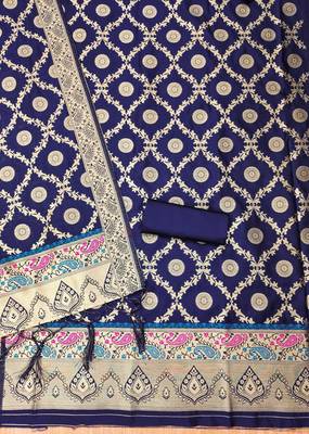 Navy blue soft silk blend silk pure zari woven dress material 4