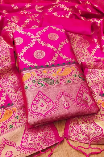 Pink soft banarasi silk pure zari woven design dress material