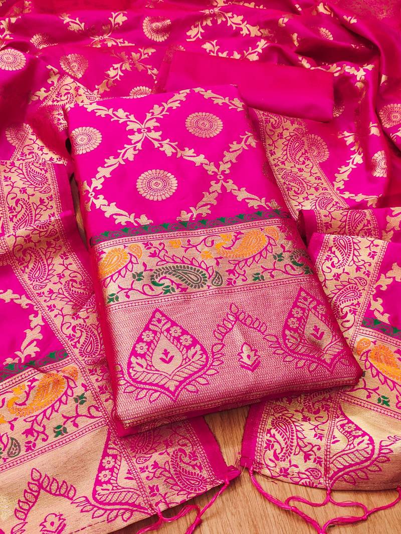 Pink soft banarasi silk pure zari woven design dress material