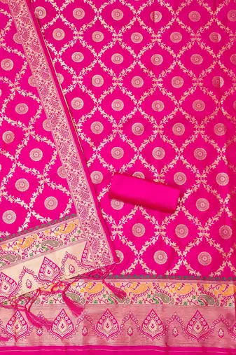 Pink soft silk blend silk pure zari woven dress material