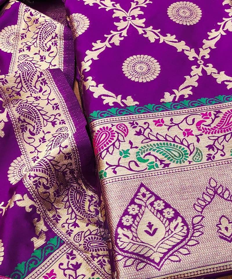 Purple soft banarasi silk pure zari woven design dress material