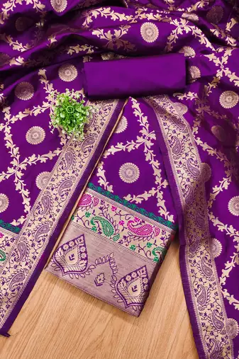 Purple soft silk blend silk pure zari woven dress material