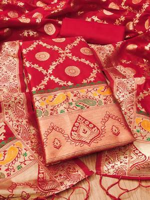 Red soft silk blend silk pure zari woven dress material 1