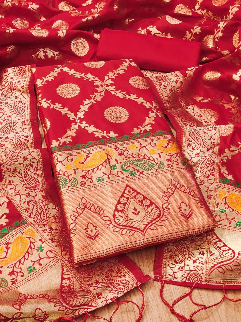Red soft banarasi silk pure zari woven design dress material