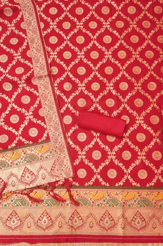Red soft silk blend silk pure zari woven dress material